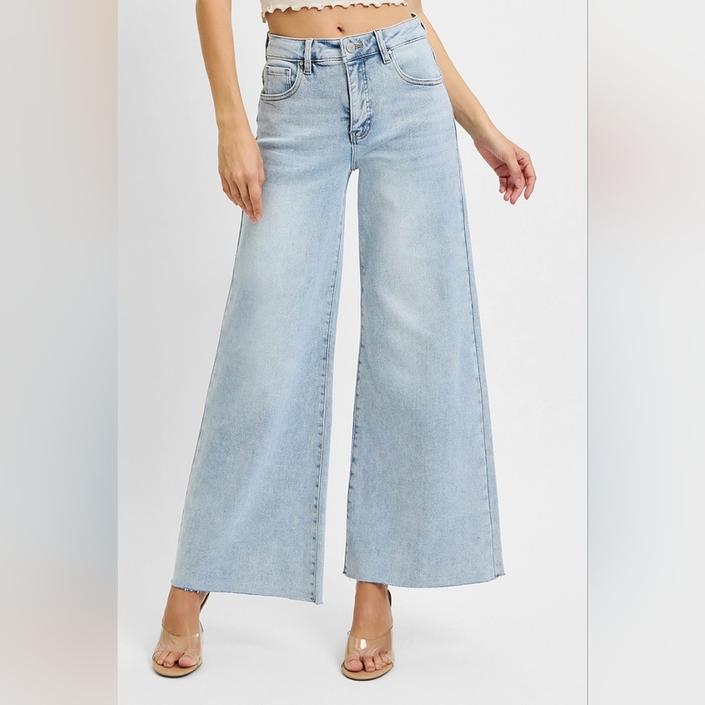 RISEN Palazzo High-Rise Ultra Baggy Wide Leg Cropped Ankle Jeans Denim Pants - Picture 3 of 16
